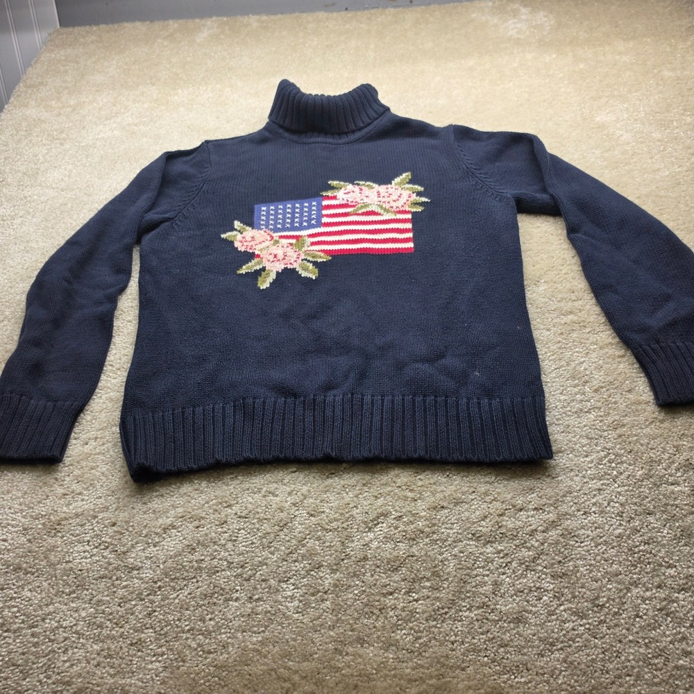 Casual Corner Navy Blue Cotton Turtleneck Sweater American Flag Floral Large